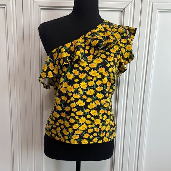 Anthropologie Ruffled One Shoulder Blouse Black Yellow Size Large - Picture 2 of 5